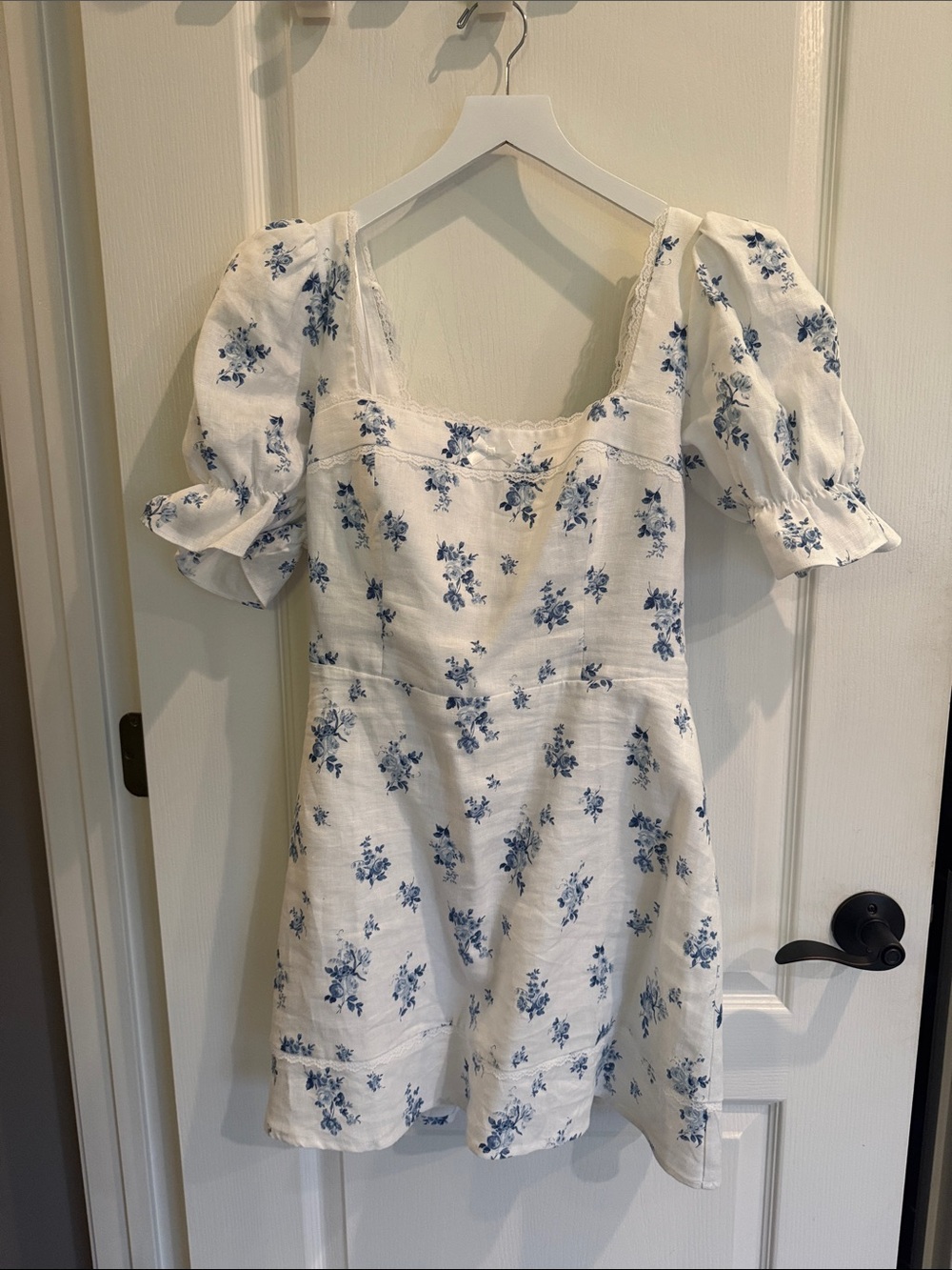 Reformation Linen White Mini Dress with Blue Floral Print